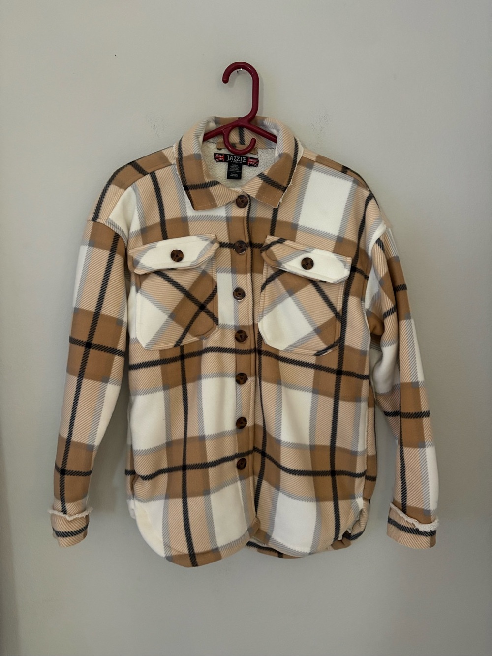 Jazzie London Camel Cream Black Plaid Shacket Fleece Jacket L Flannel Cabincore